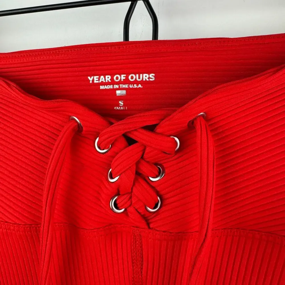 YEAR OF OURS Red Legging Stretch Lace-Up Ribbed Football High-Waisted SZ S Small - Picture 4 of 4